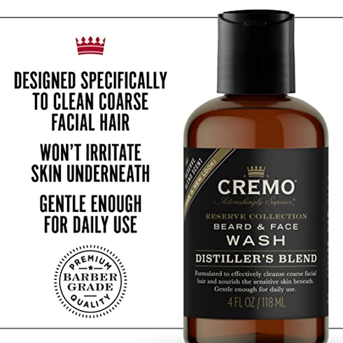 Cremo Distiller's Blend (Reserve Collection) Beard and Face Wash, Specifically Designed to Clean Coarse Facial Hair, 4 Fluid Oz