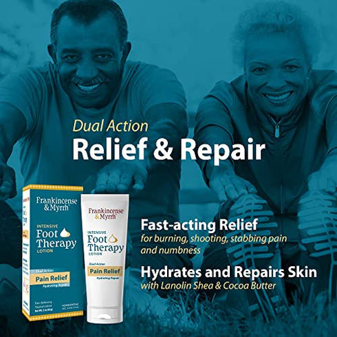 FRANKINCENSE & MYRRH Foot Pain Relief Lotion - Intensive Foot Therapy - Dual Action Neuropathy Pain Relief Cream and Hydrating Skin Repair with Essential Oils, 3 Ounce (Pack of 1)
