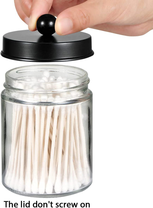 4 Pack Apothecary Jars Bathroom Vanity Storage Organizer Set -Countertop Canister with Stainless Steel Lids &Cute Stickers - Qtip Dispenser Holder for Qtips,Cotton Swabs,Makeup Sponges(Black)