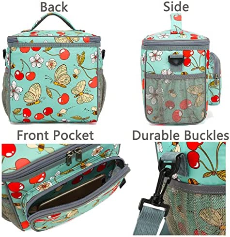 FlowFly Insulated Reusable Lunch Bag Adult Large Lunch Box for Women and Men with Adjustable Shoulder Strap Front Zipper Pocket and Dual Large Mesh Side Pockets, Cherry