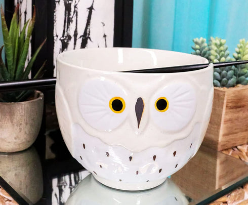 Ebros Whimsical Ceramic White Owl With Spotted Chest Ramen Udong Noodles Bowl and Chopsticks Set for Asian Dining Soup Rice Gourmet Meal As Taste of Asia Collection of Bowls Decor Kitchen