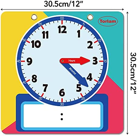 Magnetic Writable Dry Erase Learning Clock | Clock for Kids Learning to Tell Time | Large 12" Demonstration Teaching Time Practice Clock with Dry Erase Writing Surface | Pen Included | (Rainbow)