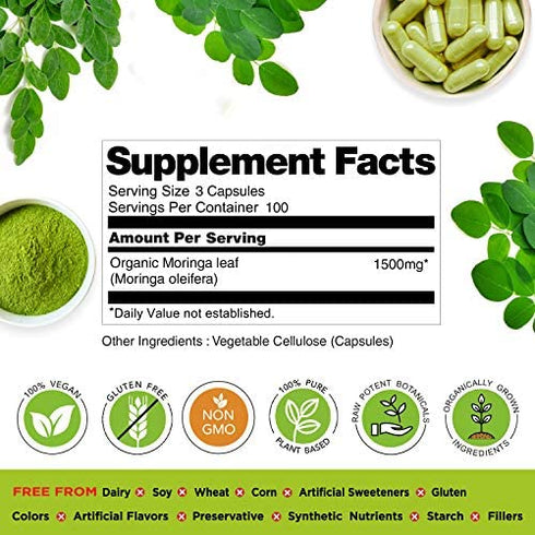 Organic Veda Moringa Capsules – 100% Pure Moringa Supplement Made from Organic Raw Dried Moringa Leaf - Non-GMO Whole Green Super Food Nutrition (300 Count)