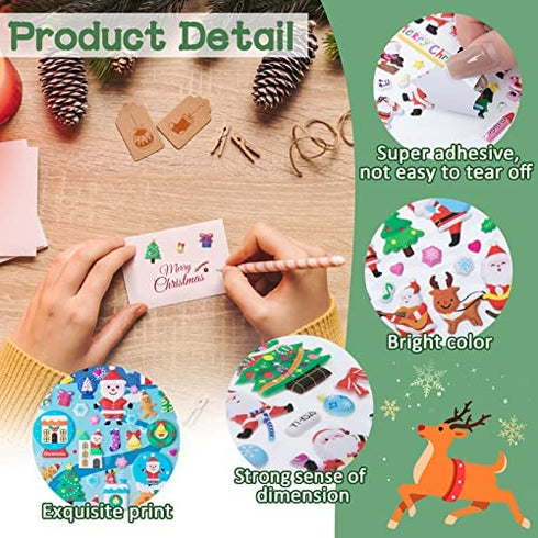 8 Sheet Christmas Stickers for Kids - 3D Self-Adhesive Holiday Stickers with Santa Snowman Xmas Tree Reindeer Hats Design for Gifts Wrapping Scrapbook DIY Crafts Decorations