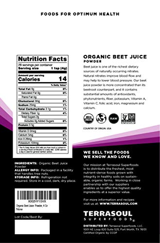Terrasoul Superfoods Organic Beet Juice Powder, 4 Oz - Grown in USA | Concentrated Beet Juice Crystals | Energy & Stamina…