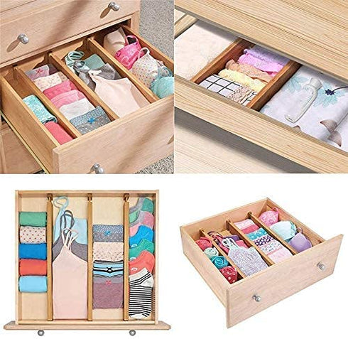 Drawer Dividers Pack of 4, Adjustable Bamboo Clothing Drawer Organizers Spring-loaded, Durable Expandable Organization Separators for Dresser, Kitchen, Bedroom, Bathroom, Office, 13.25-16.75 in