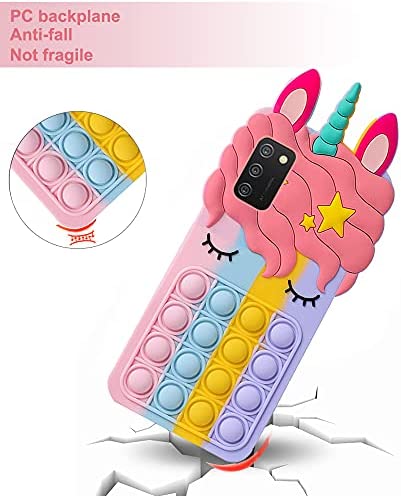 Fidget Toys Stress Relief Phone Case for Samsung Galaxy A02S,A03S, with Strap,Push Pop Bubble 3D Cartoon Funny Cute Silicone Cover for Girls Kids Teen, Aesthetic Color Bubble Case-Rainbow
