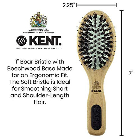 Kent PF02 Small Cushion Detangler Brush, Boar Bristle and Non-Scratch Nylon Mix Hairbrush for Straightening Smoothing. Oval Wood Paddle Detangling Hair Brush for Medium to Long Hair, Made in England