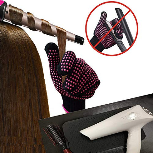 Heat Resistant Glove with Heat Resistant Mat for Curling Iron, Hair Straightener, Flat Irons, Silicone Bump Glove, 9” x 6.5” Food Grade Silicone Mat, Black