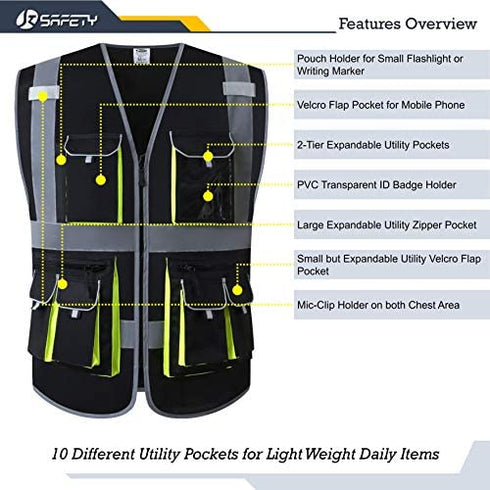JKSafety 10 Pockets High Visibility Zipper Front Black Safety Vest with High Reflective Strips Meets ANSI/ISEA Standards (Medium, 88-Black)