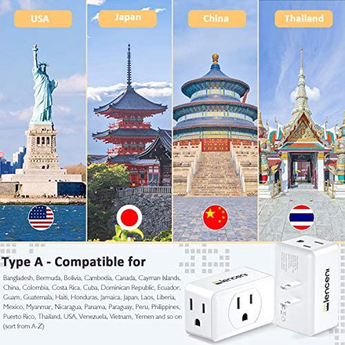 3 Prong to 2 Prong Adapter, LENCENT Plug Extender, Wall Plug Splitter with 3 AC Outlets, Travel Power Adaptor for US to Japan Japanese Philippines-Type A, Cruise Ship Approved, 1875W Max, 2 Pack
