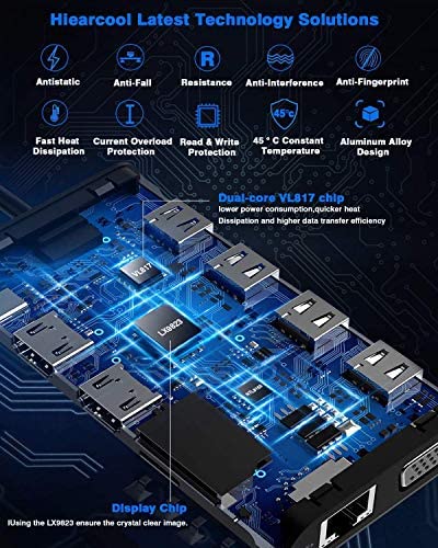 Hiearcool USB C Hub,USB-C Laptop Docking Station,11 in 1 Triple Display Type C Adapter Compatible for MacBook and Windows(2HDMI VGA PD3.0 SD TF Card Reader Gigabit Ethernet 4USB Ports)