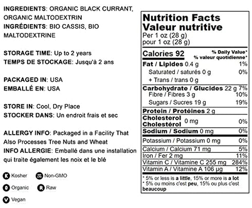 Organic Black Currant Powder, 4 Ounces — Non-GMO, Raw, Kosher, 100% Pure, Vegan Superfood, Bulk, Rich in Antioxidants, Great for Juices, Drinks, and Smoothies, Contains Maltodextrin