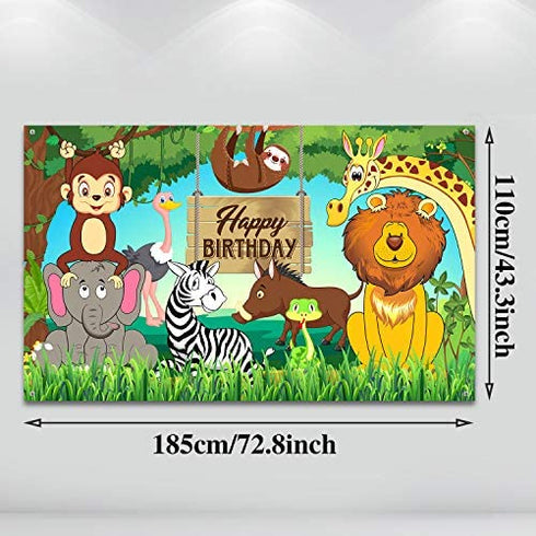 Jungle Animal Theme Birthday Party Decorations, Extra Large Fabric Safari Animal Elements Printed Happy Birthday Backdrop Funny Cartoon Forest Banner Background for Birthday Party Supplies, 6 x 3.6ft