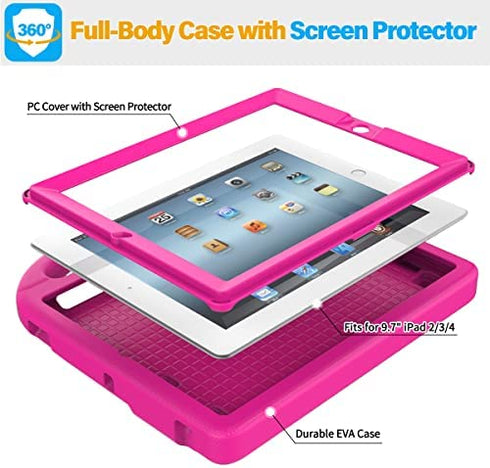 SUPLIK Kids Case for iPad 2/3/4 (9.7 inch, 2011/2012 Release Only), Durable Shockproof Kidproof Protective Handle Stand Cover with Screen Protector for Apple iPad 9.7" 2nd/3rd/4th Generation, Pink