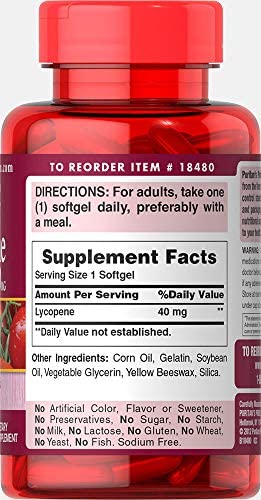 Puritan's Pride Lycopene 40 mg, Supplement for Prostate and Heart Health Support**, Contains Antioxidant Properties**, 60 Rapid Release Softgels