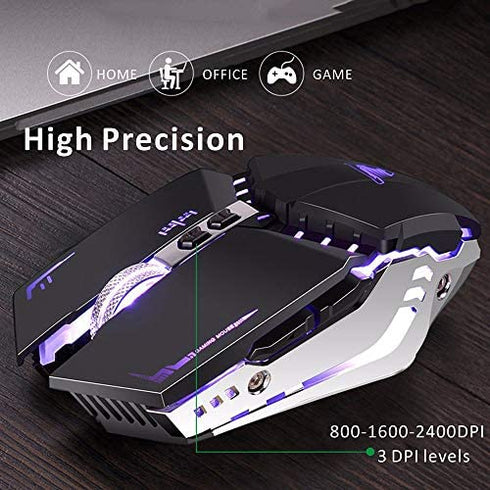 TENMOS T12 Wireless Gaming Mouse Rechargeable, 2.4G Silent Optical Wireless Computer Mice with Changeable LED Light Compatible with Laptop PC, 7 Buttons (Black)