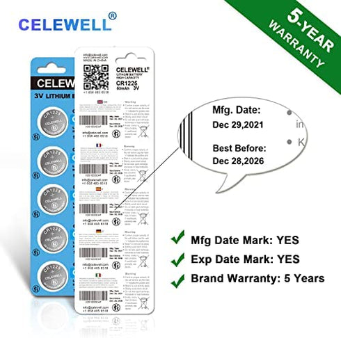 CELEWELL CR1225 5 Pack 3V Lithium Battery?5-Year Warranty?