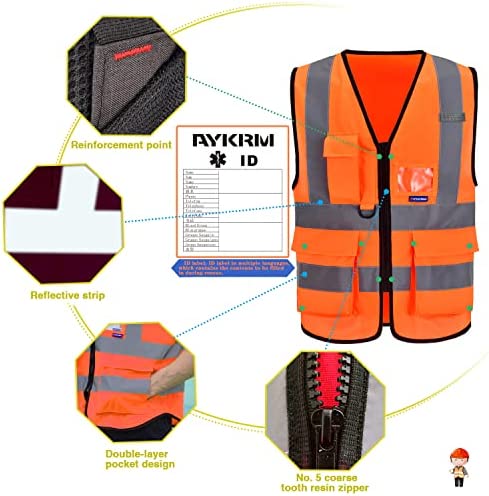 A-SAFETY Orange High Visibility Safety Vest Reflective,, 3M Multi Pockets Working Vest Working Uniform Zipper Front ANSI/ISEA Standards 7 Pockets Class 2,3XL