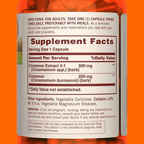 Sundown Cinnamon Capsules, Supports Sugar Metabolism, Non-GMO, Gluten-Free, Dairy-Free, 200 Ct