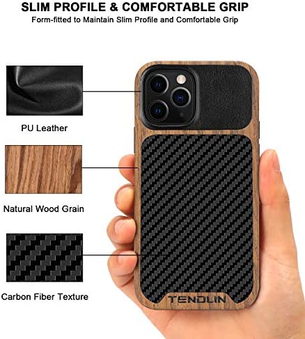 TENDLIN Compatible with iPhone 12 Pro Max Case Wood Grain with Carbon Fiber Texture Design Leather Hybrid Case Black