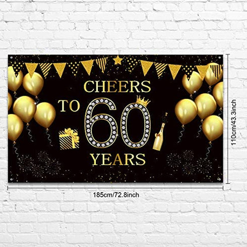Happy 60th Birthday Party Backdrop Banner, Extra Large Fabric Black Gold Cheers to 60 Years Backdrop Anniversary Decoration Background Banner for Men Women 60th Birthday Party Supply, 72.8 x 43.3 Inch