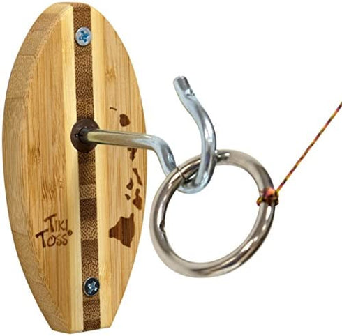 Tiki Toss Hook and Ring Toss Game for Adults & Kids - Surfboard Edition - Short Board with String and Hooks to Play Indoor and Outdoor Games