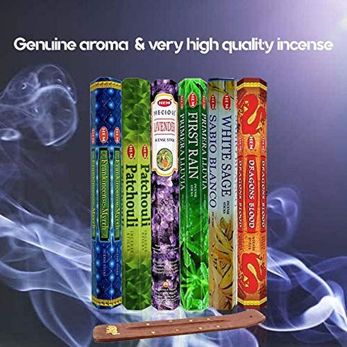Six Most Popular Hem Incense Scents of All Time, 120 Sticks Total, with Free Burner - 20 Sticks Each of Dragon's Blood, Frankincense & Myrrh, Patchouli, Precious Lavender, First Rain, and White Sage