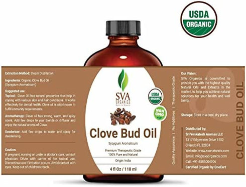 SVA ORGANICS Clove Bud Essential Oil 4 Oz Organic USDA 100% Pure Natural Undiluted Premium Therapeutic Grade Oil For Skin, Teeth, Diffuser, Aromatherapy