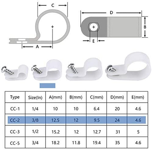 100-Pack Cable Clamps, COOLMI 3/8 Inch Rope Light P-Style Mounting Clips with Compatible Stainless Steel Pan Head Phillips Screws (100 PACK-3/8 Clips with Screws)