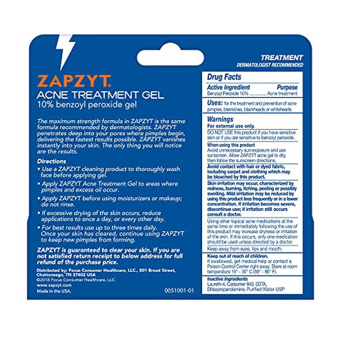 Zapzyt Maximum Strength 10% Benzoyl Peroxide Acne Treatment Gel 1 oz.