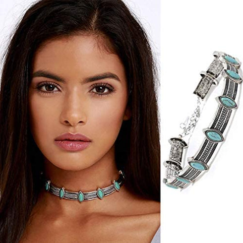 Olbye Turquoise Necklace Silver Short Necklace Choker Personalize Boho Necklace Jewelry for Women and Girls