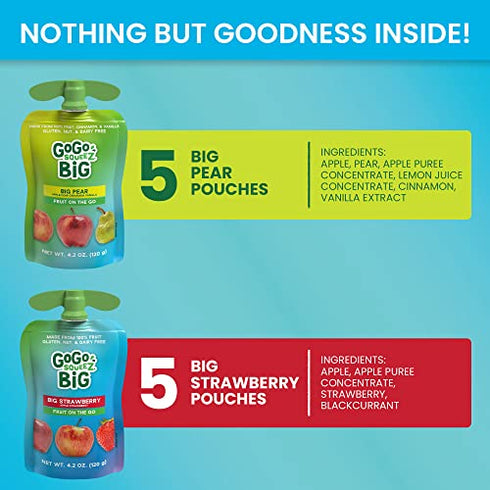 GoGo SqueeZ Big Variety Pack (Apple Strawberry/Pear Cinnamon Vanilla), 4.2 Ounce (10 Pouches), Bigger Than Existing Fruit Pouches, Made from 100% Fruit, Cinnamon, & Vanilla, No Sugar Added