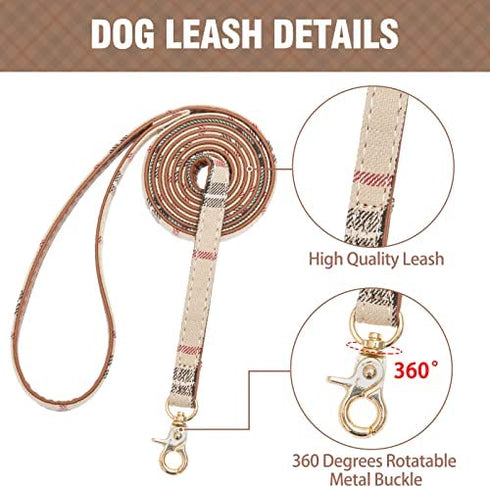 Bow Tie Dog Collar and Leash Set for Small Dogs - Puppy Leash Collars Classic Beige Plaid - Adjustable Size with Golden Bell - Perfect for Small Breeds Boys