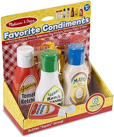 Melissa & Doug 5-Piece Favorite Condiments Play Food Set - Play Ketchup and Mustard Bottles, Pretend Play Food Set For Kids Ages 3+