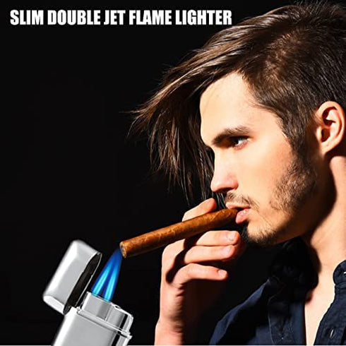 Bbsisgo Torch Lighter, Cigar Cutter and Lighter Set, Double Jet Flame Butane Lighter with Visible Window, Refillable Windproof Lighter, Gifts for Men(Sold Without Gas) (Silver)