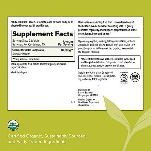 Banyan Botanicals Haritaki – Certified Organic Haritaki Tablets – Terminalia Chebula – Supports Detoxification & Rejuvenation* – 90 Tablets – Sustainably Sourced Certified Fair for Life Fair Trade