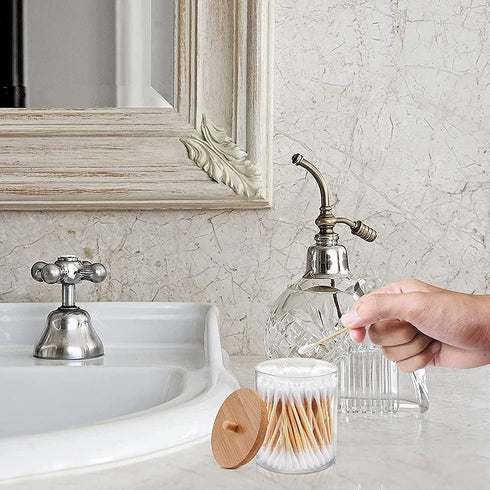 TOSERSPBE Qtip Holder Dispenser Cotton Swab Balls Pads Holder Storage Canister with Bamboo Lids Acrylic Bathroom Accessories,Makeup Storage Organizer 2-PCAKS