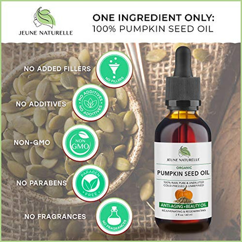 Jeune Naturelle Pumpkin Seed Oil Organic - 100% Pure RAW Cold Pressed Undiluted Pumpkin Seed Oil For Anti Aging Wrinkle Repair Dark Spots Scars Acne Hair Growth Serum Pumpkin Oil - Vitamin E Oil For Skin, 2 oz