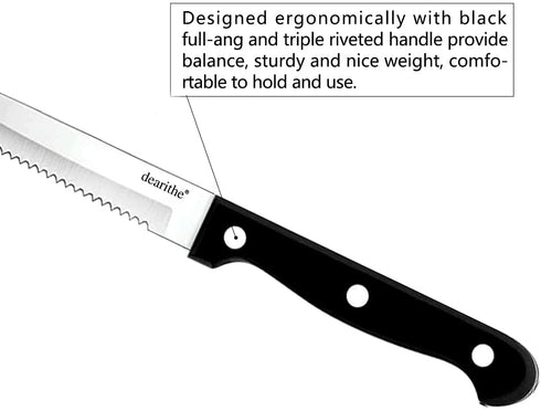 dearithe Serrated-Steak Knives Set of 12, Black Full-Tang Triple Rivet Steak Knife Sets, 4.5 Inch, For Kitchen Restaurant Tableware Camping ,Dishwasher Safe, Stainless Steel Sharp Blade