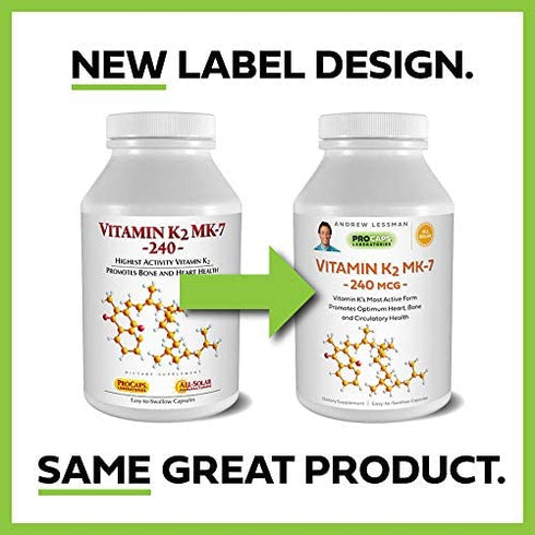 ANDREW LESSMAN Vitamin K2 MK7 240 mcg 60 Softgels – Essential for Healthy Calcium Utilization, Promotes Optimum Skeletal, Heart and Arterial Health. No Additives. Small Easy to Swallow Softgels