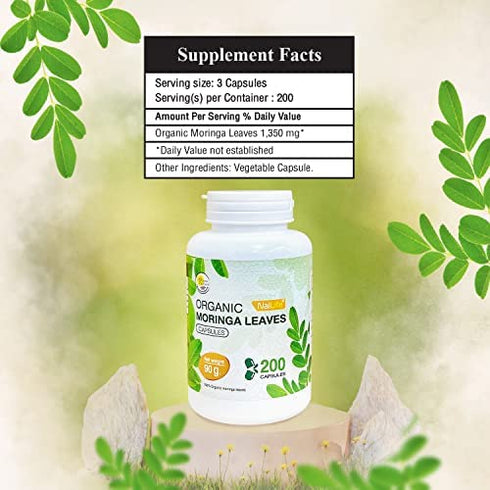 Organic Moringa 200 Capsules 100% Pure Leaves Powder Greens Powder Vegetable Capsules