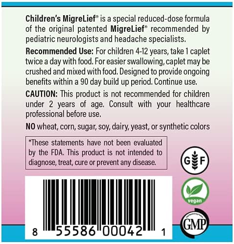 Children's MigreLief® - Triple Therapy with Puracol™ - Nutritional Support for Pediatric Migraine Sufferers - 60 Caplets/1 Month Supply