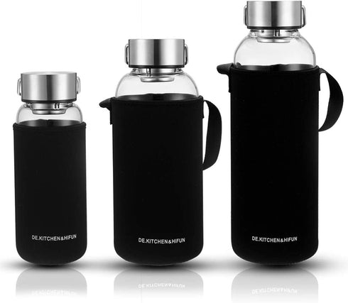 DE.KITCHEN&HIFUN 50 oz Sports Glass Water Bottle with Twist Cap, Clear Borosilicate Glass Water Bottle with Neoprene Sleeve, Large Glass Thermo for Coffee Fruit Vegetable Juice Nut Storage Tank