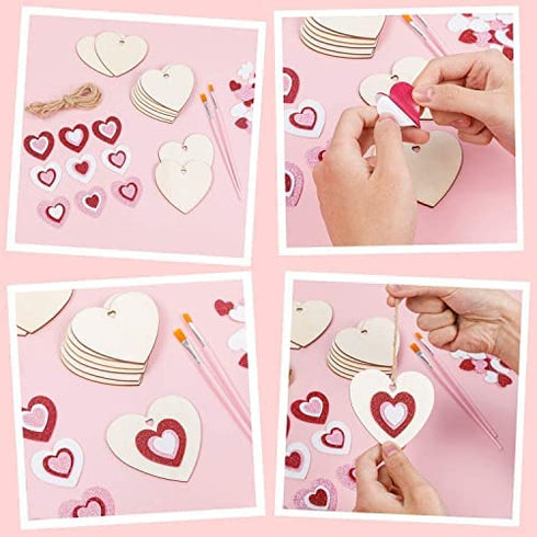 Wooden Hearts for Crafts - 30 Pcs 3" Natural Heart Wood Slices Unfinished Predrilled DIY Heart Wooden Ornaments Heart Shape Wood Cutouts with Glitter Heart Foam Stickers for Valentine's Day