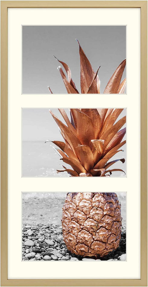 Frametory, 7x14 Gold Picture Frame - Fits 3 - 4x6 Photos, Aluminum Metal Molding - Three Opening Ivory Mat - Wall Display - Great for Vacation, Holiday, Graduation Prints (Gold)