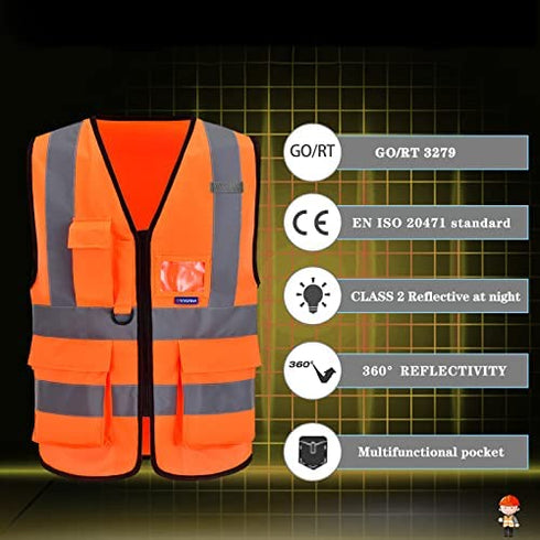 A-SAFETY Orange High Visibility Safety Vest Reflective,, 3M Multi Pockets Working Vest Working Uniform Zipper Front ANSI/ISEA Standards 7 Pockets Class 2,3XL
