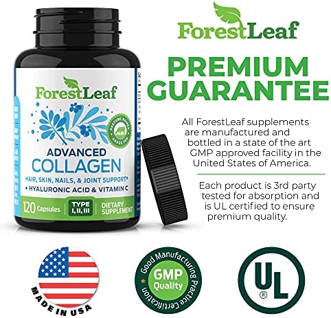 Forest Leaf - Collagen Pills with Hyaluronic Acid & Vitamin C - Reduce Wrinkles, Tighten Skin, Boost Hair, Skin, Nails & Joint Health - Hydrolyzed Collagen Peptides Supplement - 120 Capsules