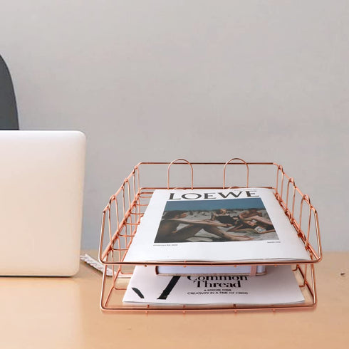 Letter Trays Stacking Supports , Stackable Paper Tray Mesh Collection,Desk File Organizer,Wide Desk File Document for School Home Office Supplies (Rose-Gold)