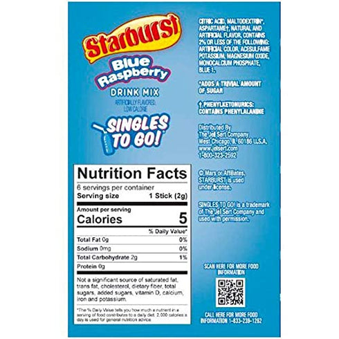 Starburst Singles To Go Zero Sugar Drink Mix, Blue Raspberry, 6 CT Per Box (Pack of 3)